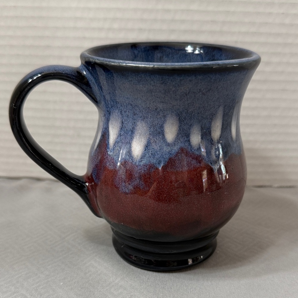 Drip Glaze Art Pottery Stoneware Mug Cup Blue and Red Makers Mark on Bottom